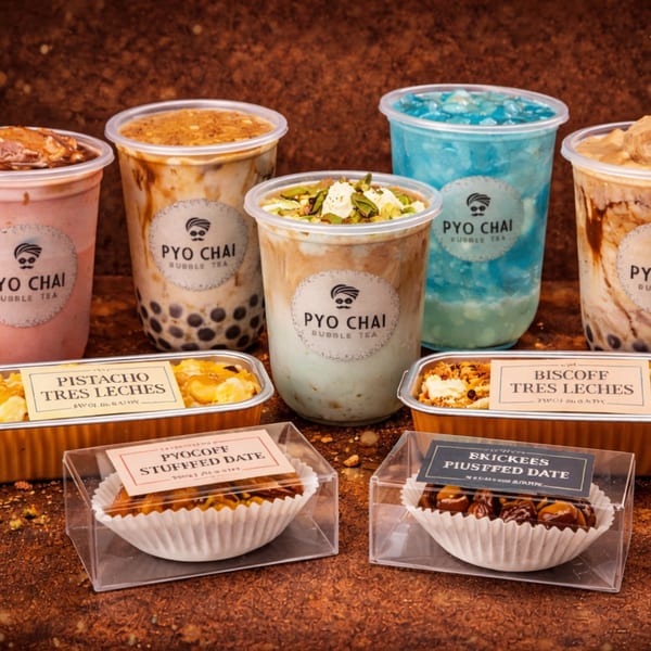 Assortment of PYO Chai boba drinks and desserts, including Tres Leches and stuffed dates.