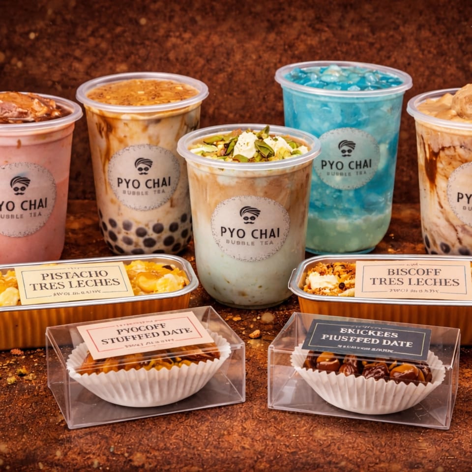 Assortment of PYO Chai boba drinks and desserts, including Tres Leches and stuffed dates.