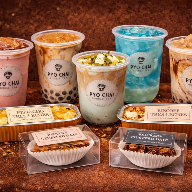 Assortment of PYO Chai boba drinks and desserts, including Tres Leches and stuffed dates.